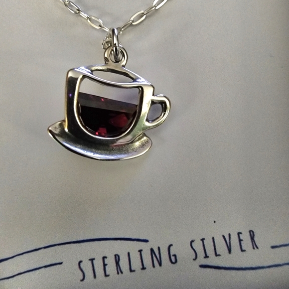 Sterling Silver Coffee Cup Teacup with Red Cubic Zirconia CharmNecklace, 18" - Picture 3 of 4